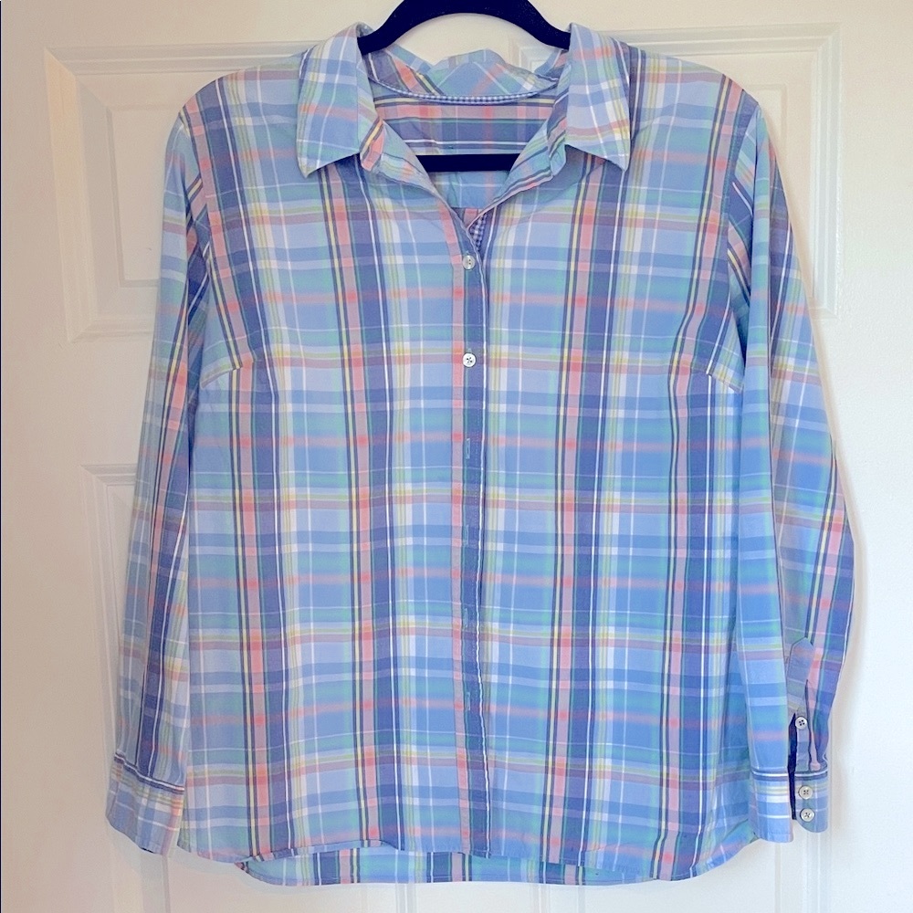 Unbranded Women’s Large Cotton Spring Blue Plaid Shirt Coastal Casual